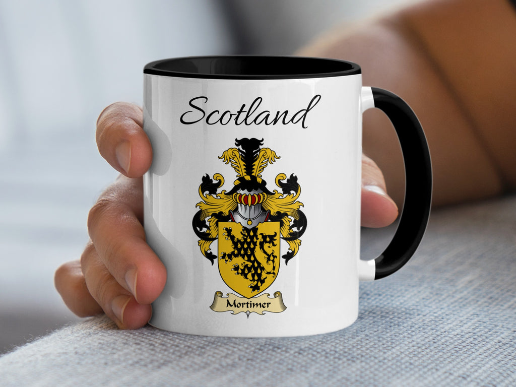 Mortimer Scottish family crest accent mug with Scotland above the coat of arms design