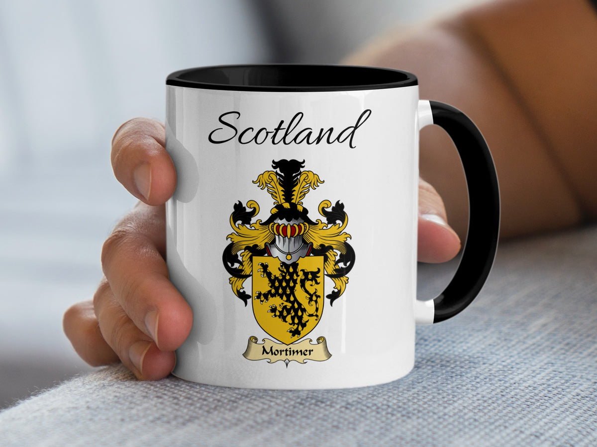 Mortimer Scottish family crest accent mug with Scotland above the coat of arms design