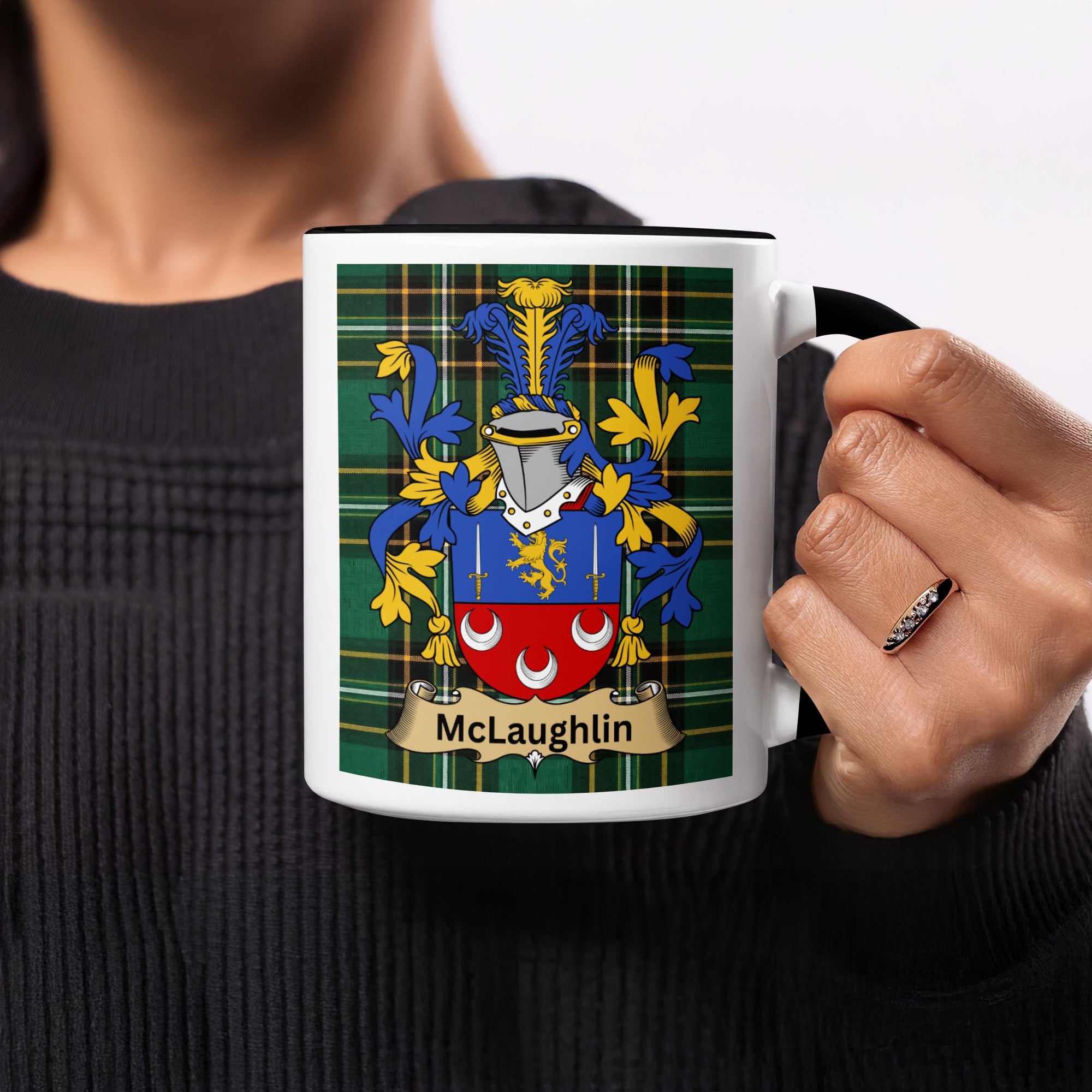 McLaughlin Irish family crest tartan mug held in hand
