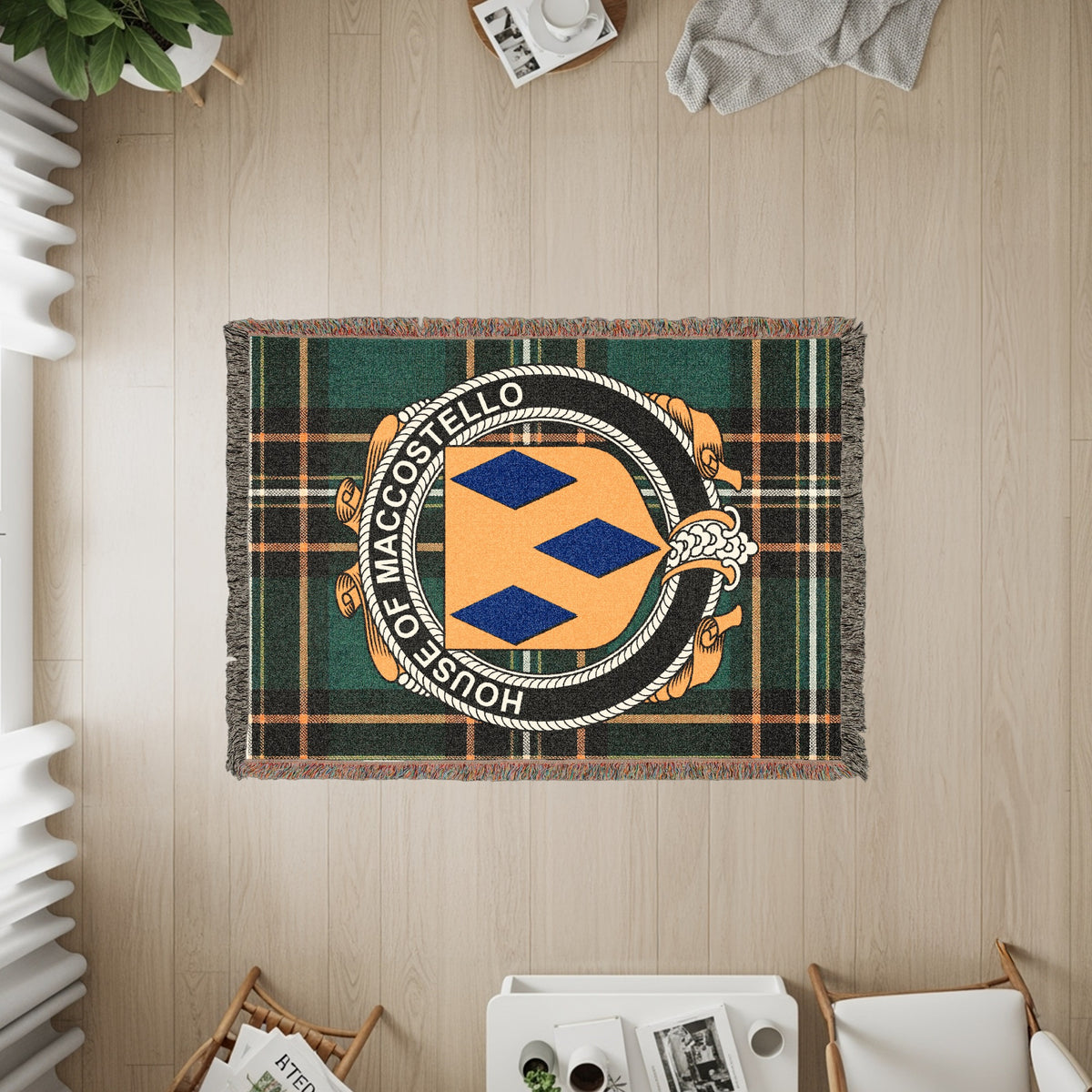 MacCostello Irish heritage woven throw with family crest emblem