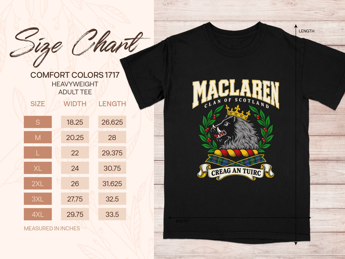 Comfort Colors 1717 size chart with shirt width and length in inches for sizes S to 4XL, beside the MacLaren design.