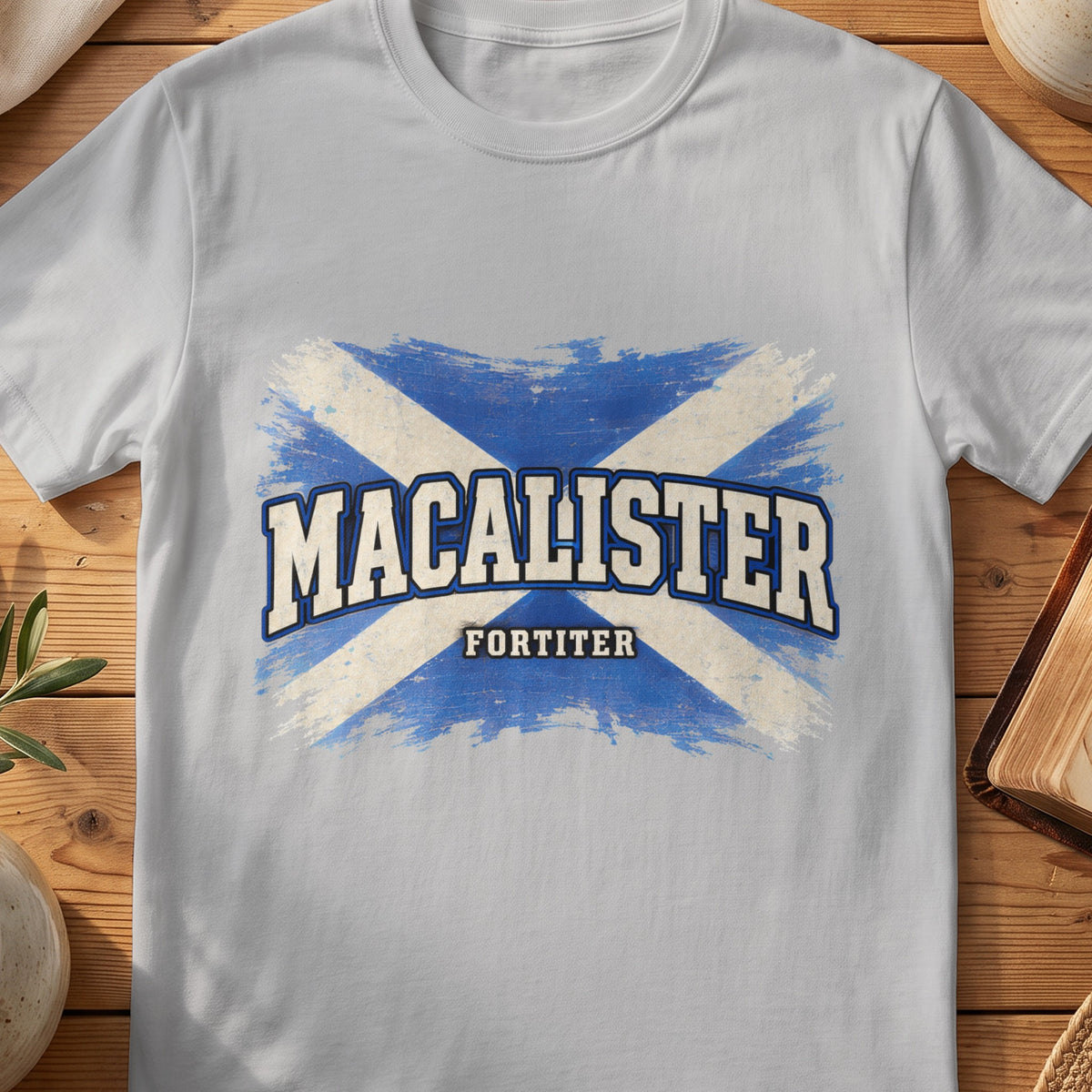 MacAlister Scottish Saltire T-shirt in Sport Grey, with distressed blue and cream flag and “Fortiter” lettering.