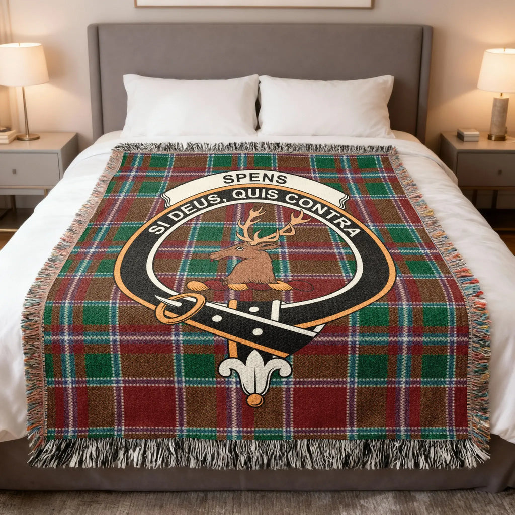 Clan Spens si deus quis contra plaid woven blanket — 100% cotton with deer crest