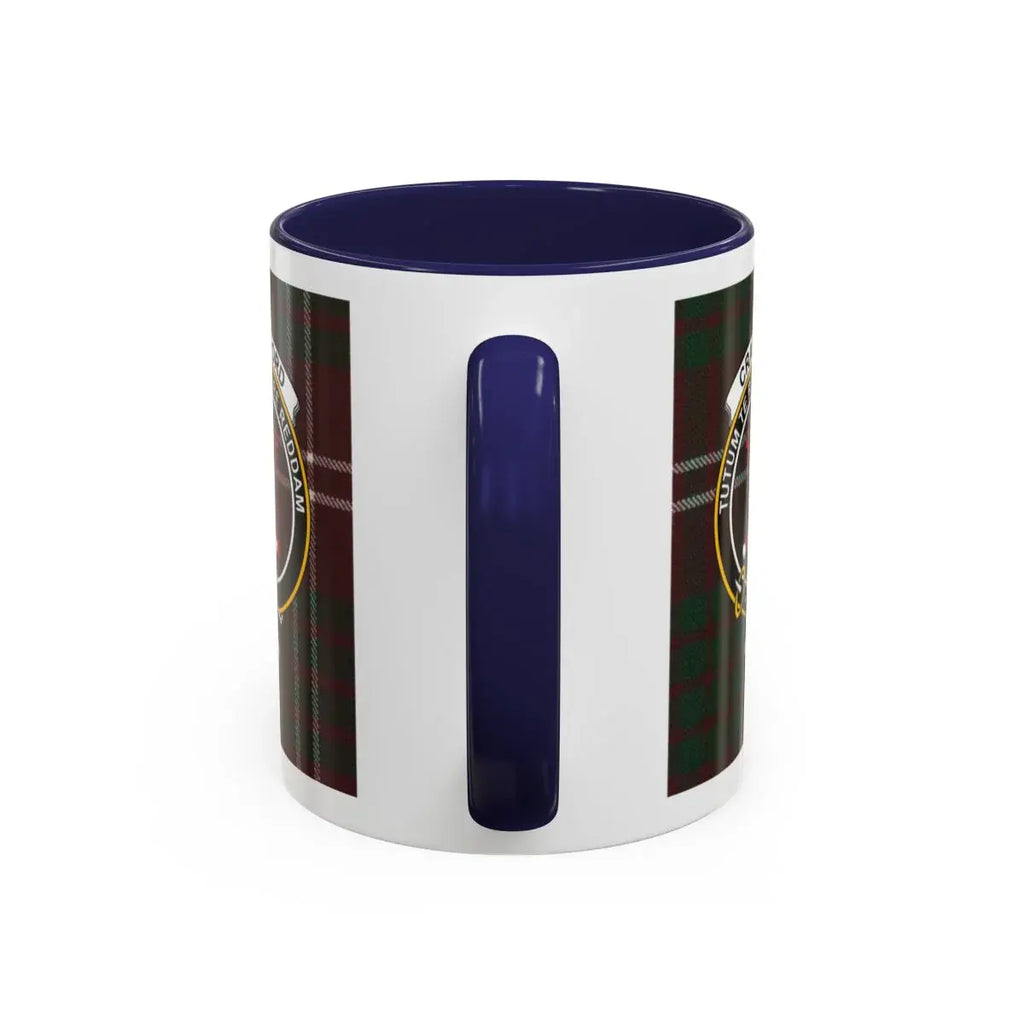 Crawford tartan plaid mug with blue accent handle — 15oz ceramic, clan crest print