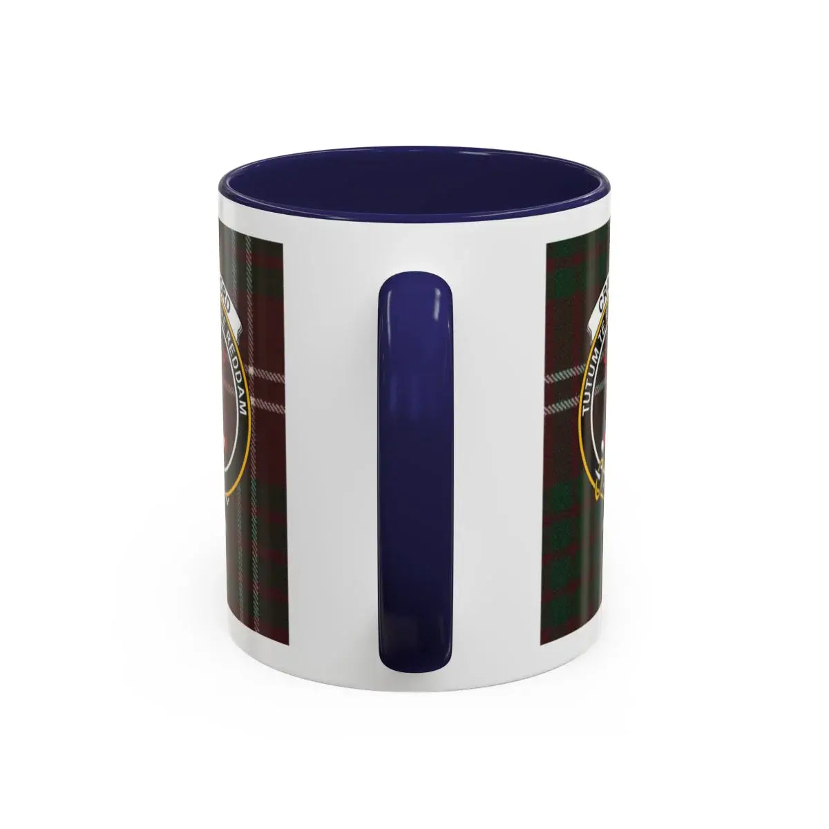 Crawford tartan plaid mug with blue accent handle — 15oz ceramic, clan crest print
