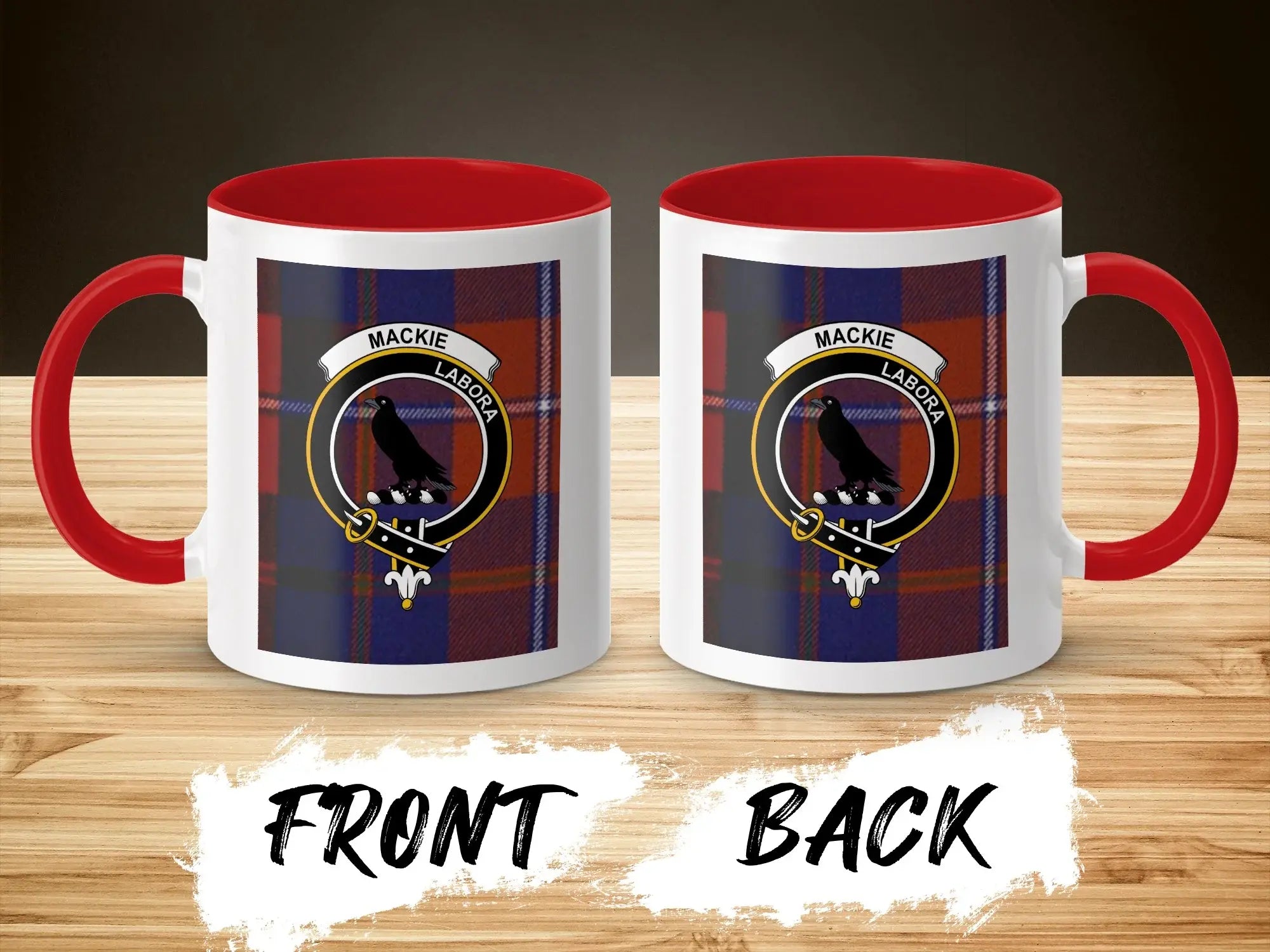 Mackie Labora Coat of Arms with Plaid Background mug