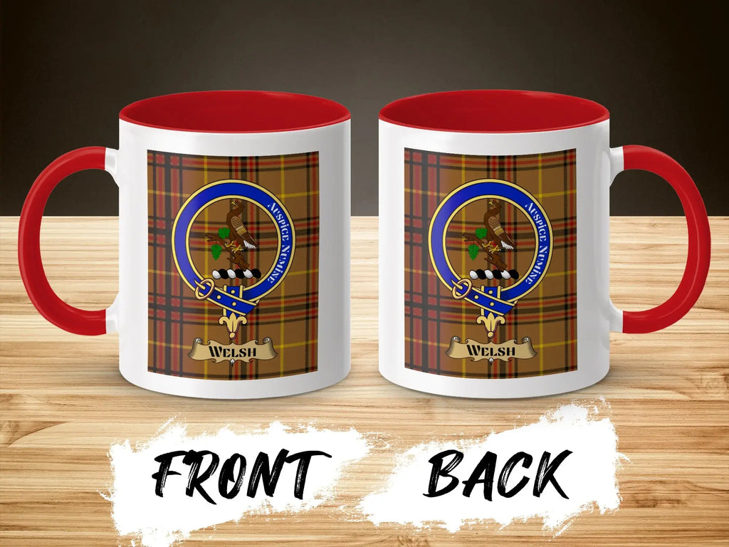 Welsh tartan-background crest mug shown as a Scottish heritage gift