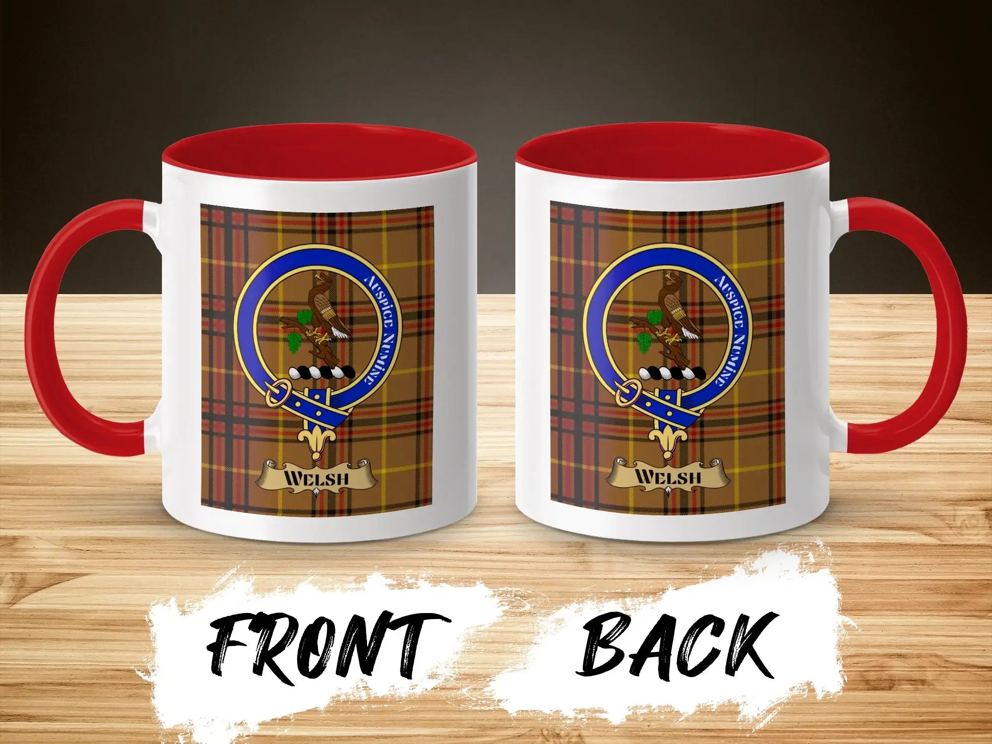 Welsh tartan-background crest mug shown as a Scottish heritage gift