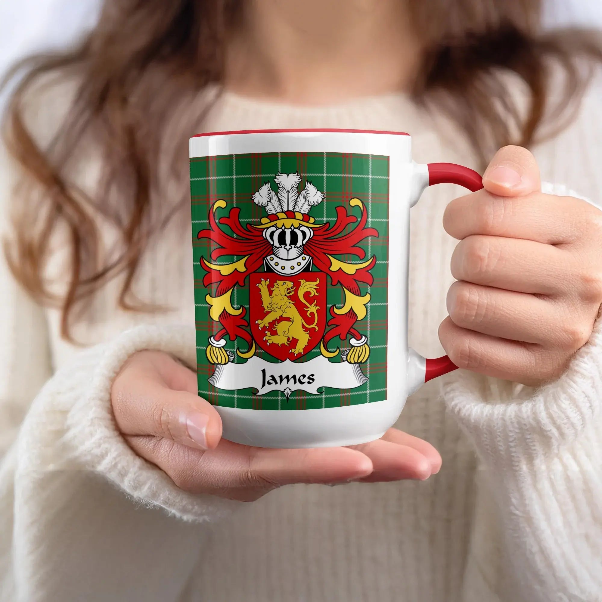 James Welsh family name mug with red accent and coat of arms on plaid tartan
