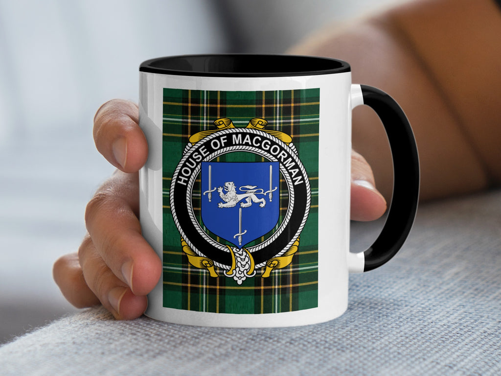 MacGorman Irish National Tartan mug with family crest emblem