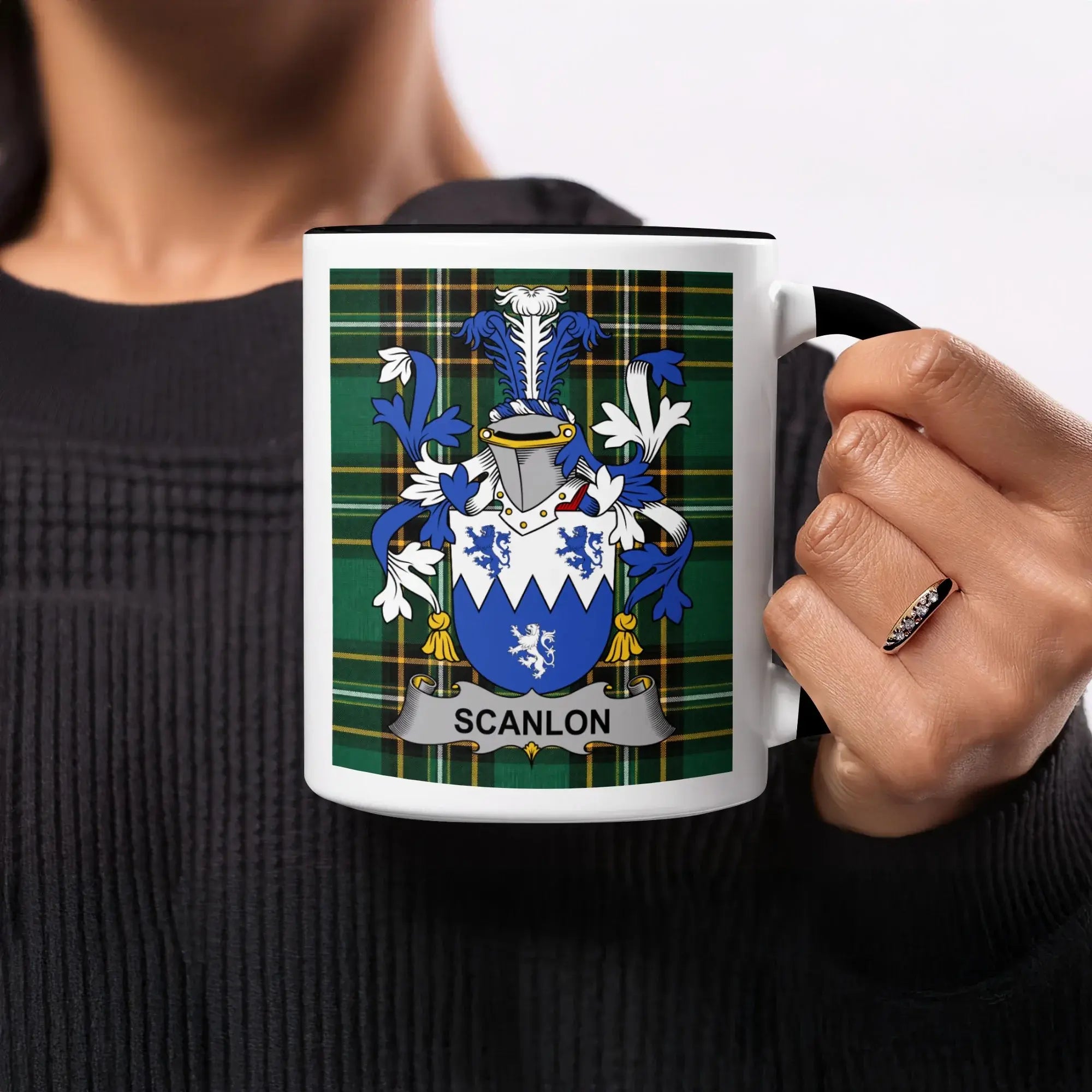 Scanlon Irish heritage mug with black interior and family crest
