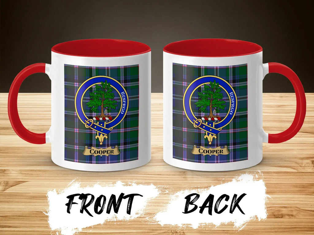 Cooper tartan-background crest mug shown as a Scottish heritage gift