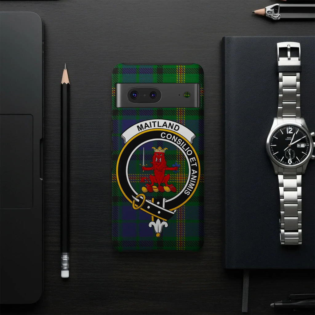 Maitland clan crest tartan case on iPhone — By Wisdom and Courage plaid wrap, precise port cutouts