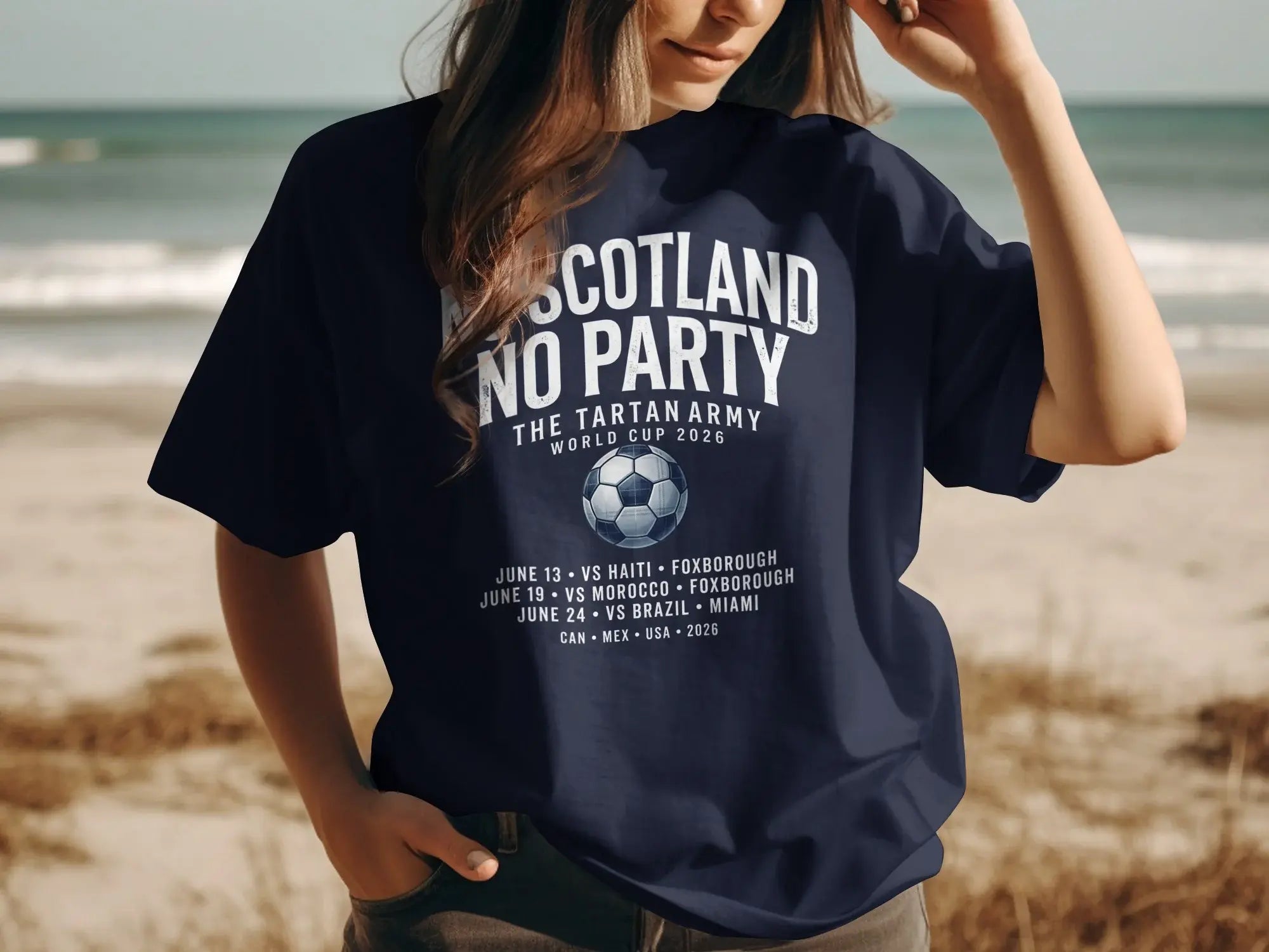 Scotland Tartan Army World Cup 2026 match schedule on dark blue t-shirt.