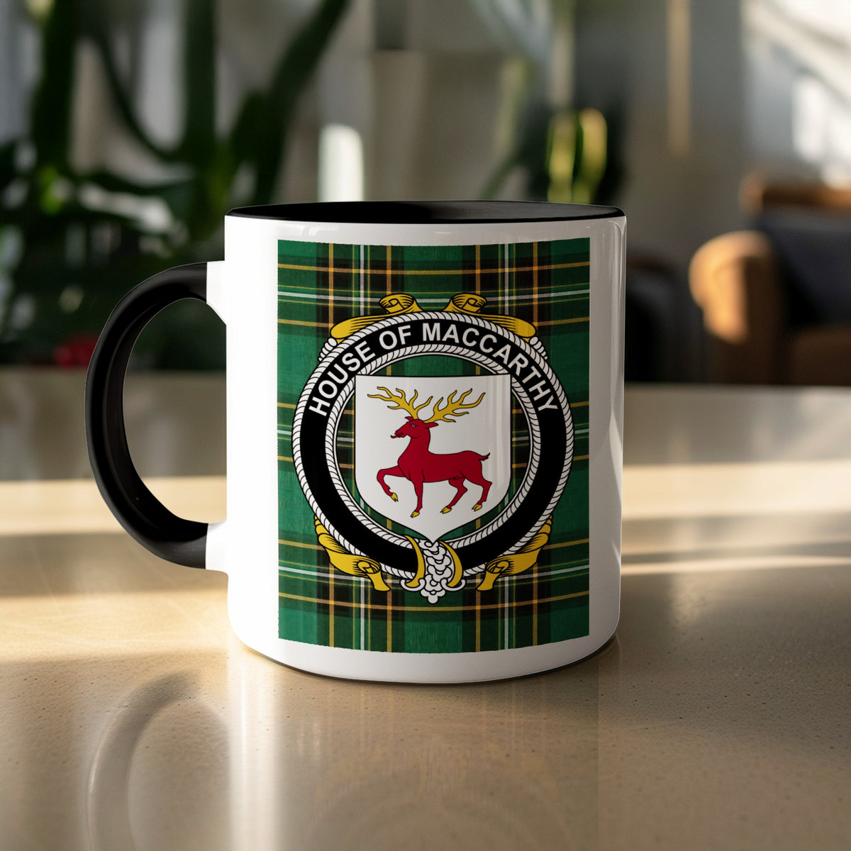 MacCarthy surname accent mug displayed with Irish National Tartan design