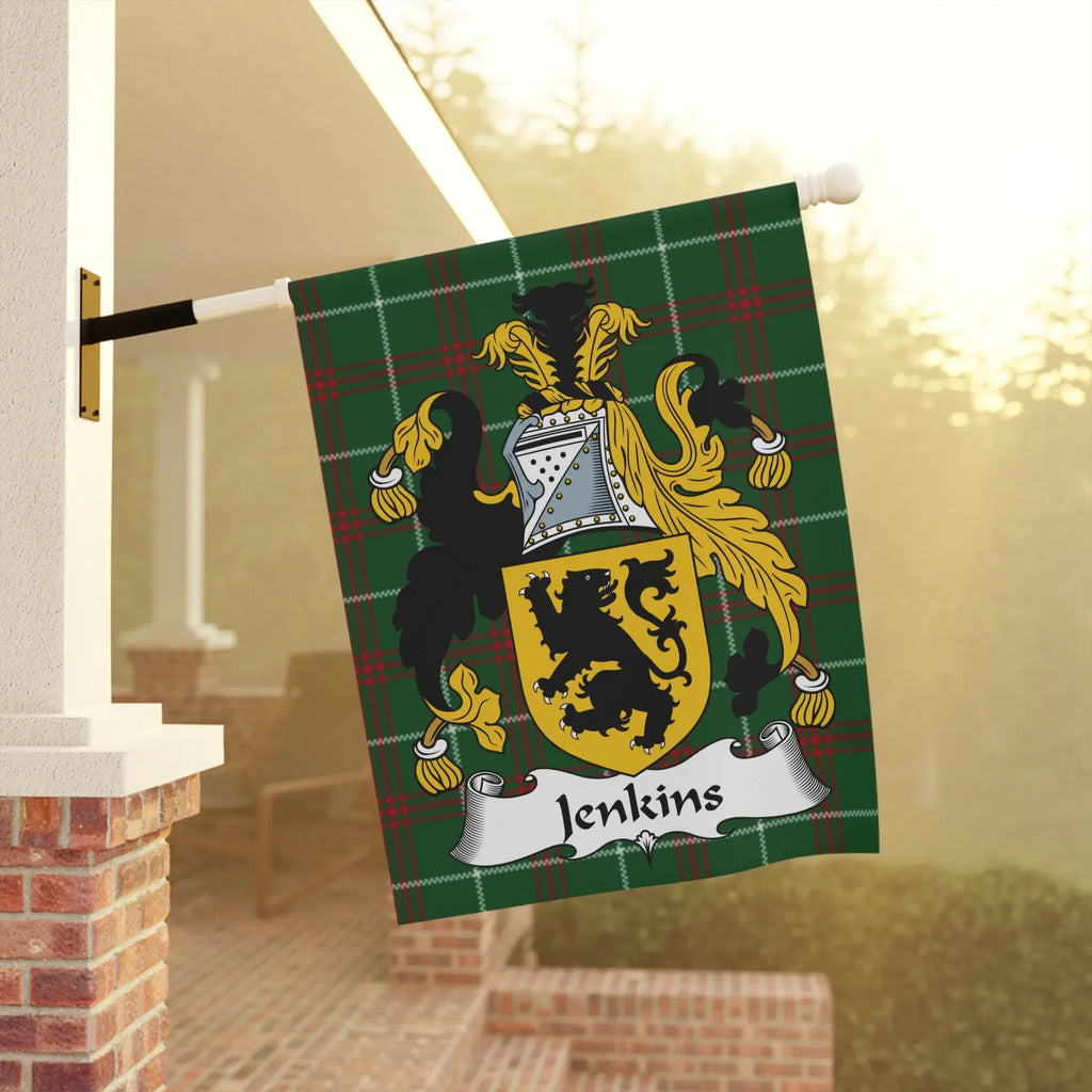 Jenkins family crest on a green tartan flag displayed on a porch.