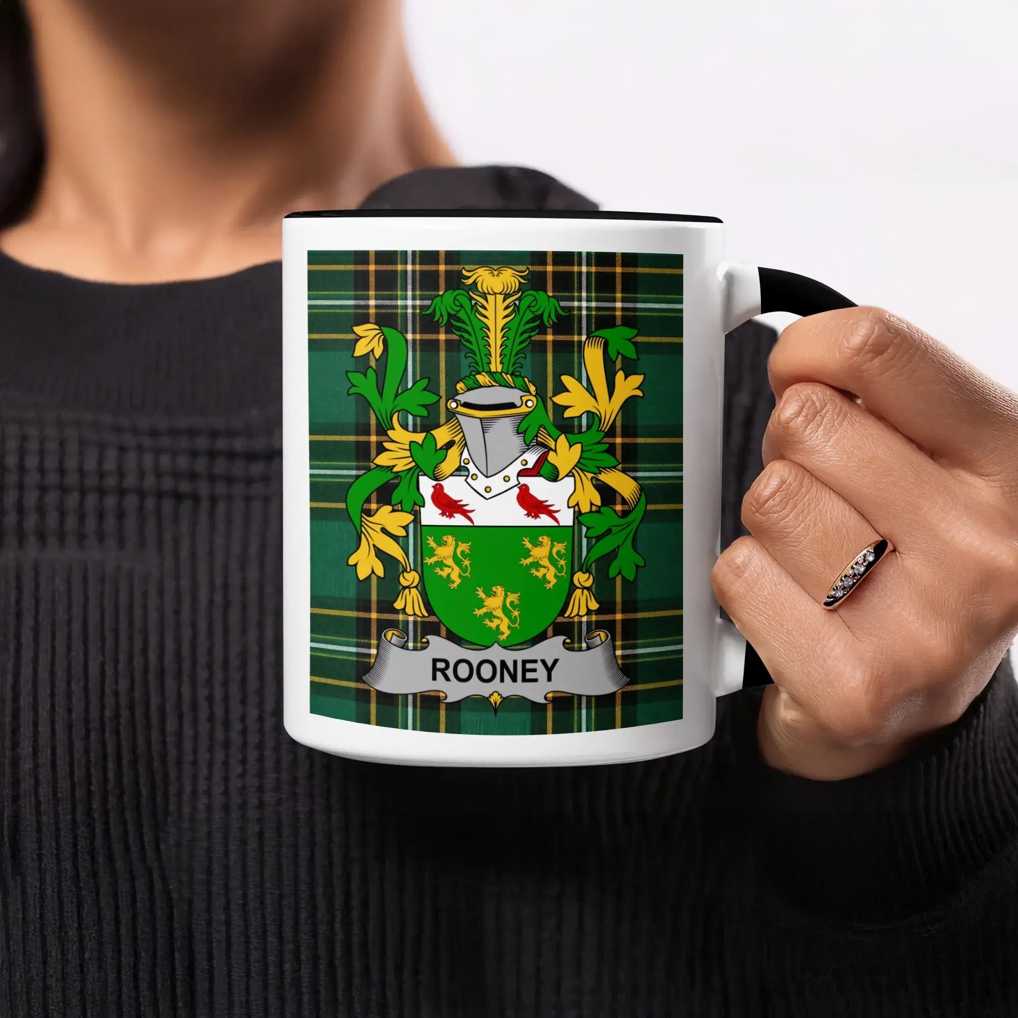 Rooney Irish heritage mug with black interior and surname crest