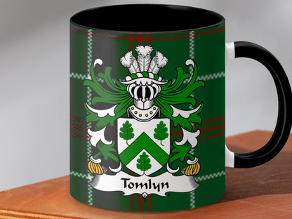 Tomlyn Welsh Surname Tartan Background Coat of Arms Mug - Living Stone Gifts