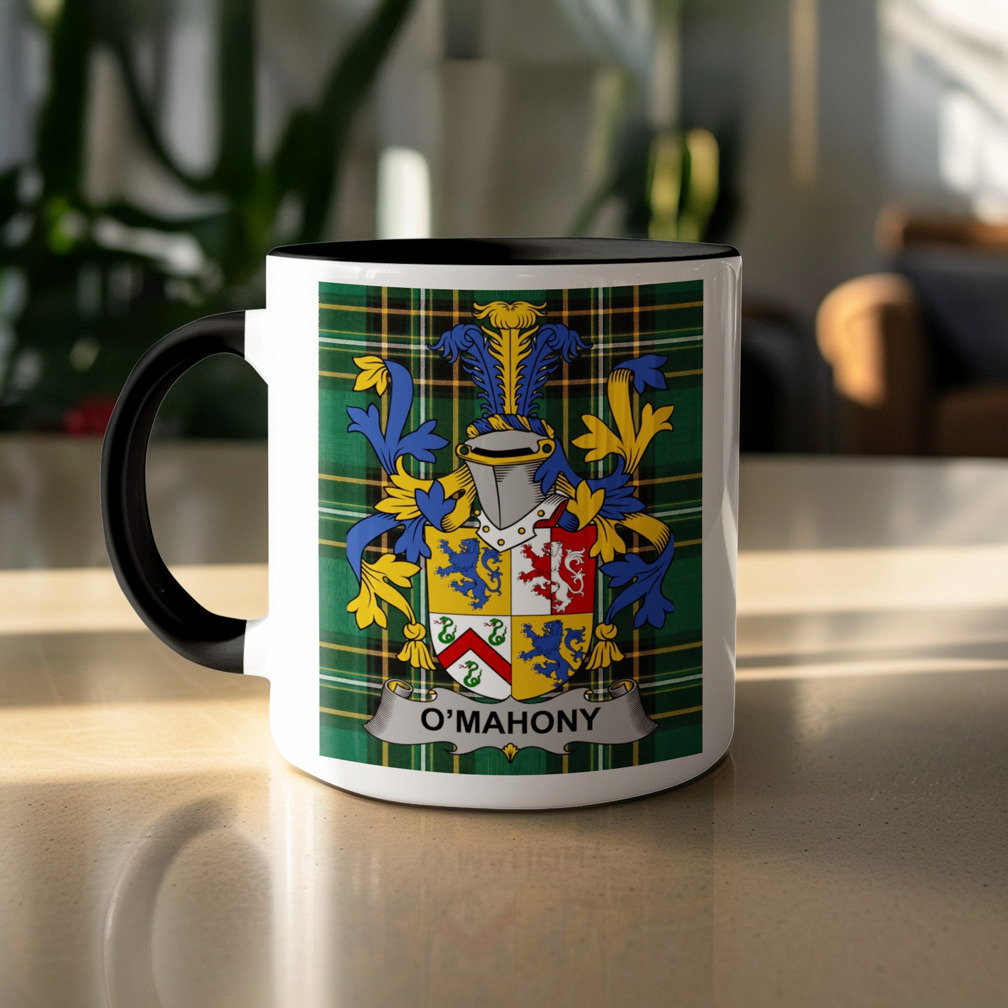 O'Mahony family crest and name on tartan mug — white ceramic, black handle