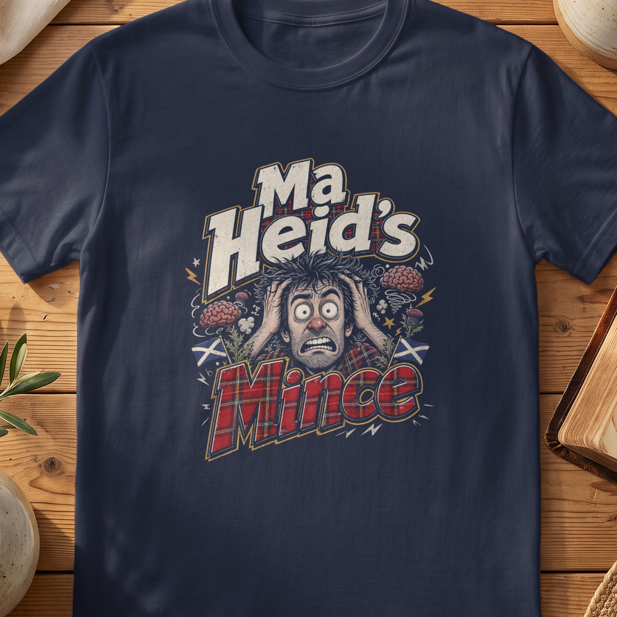 Navy Gildan 64000 unisex T-shirt flatlay with Ma Heid's Mince Scottish graphic design