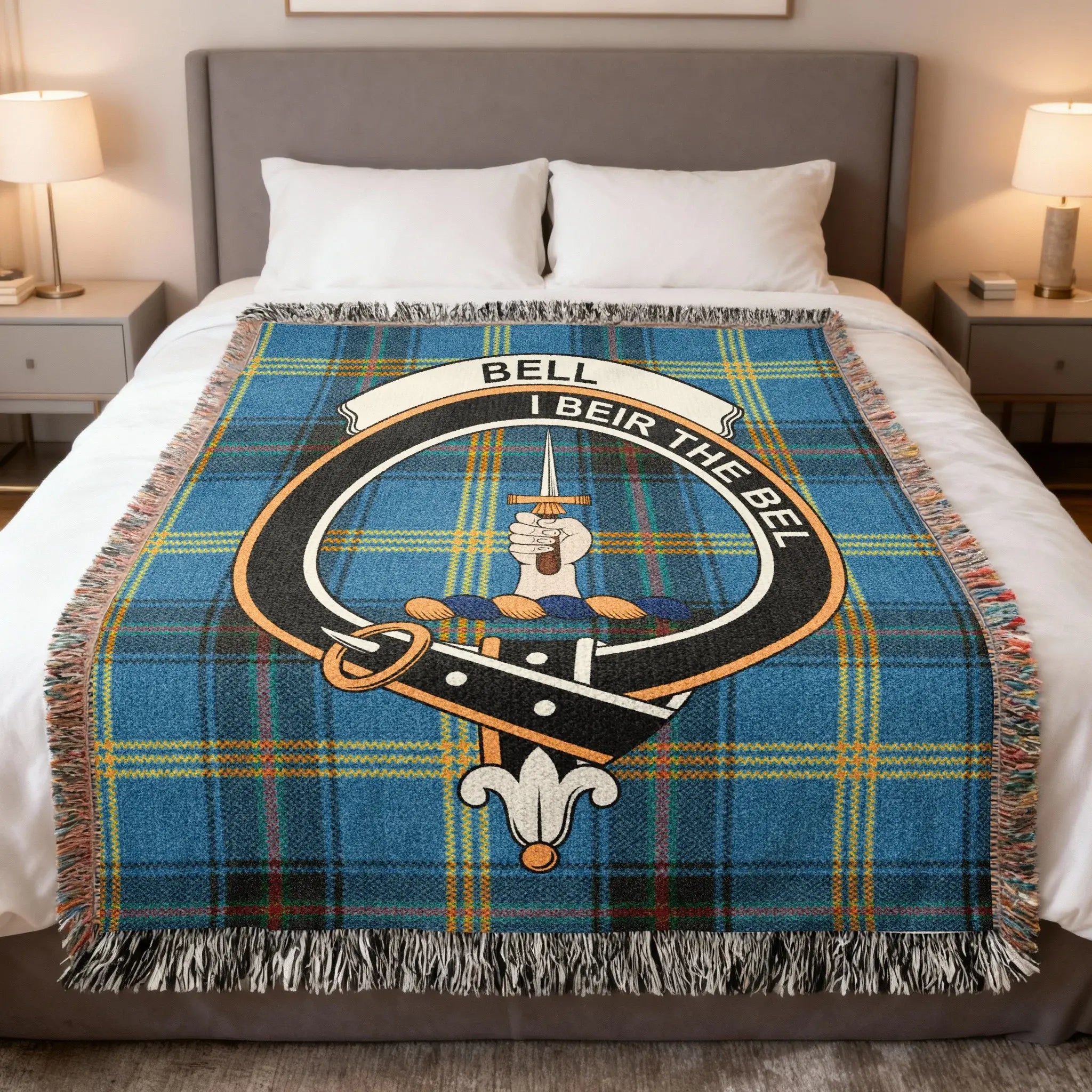Clan Bell cotton woven tartan blanket — clan crest and I Beir the Bel motto, 60x50 heritage throw