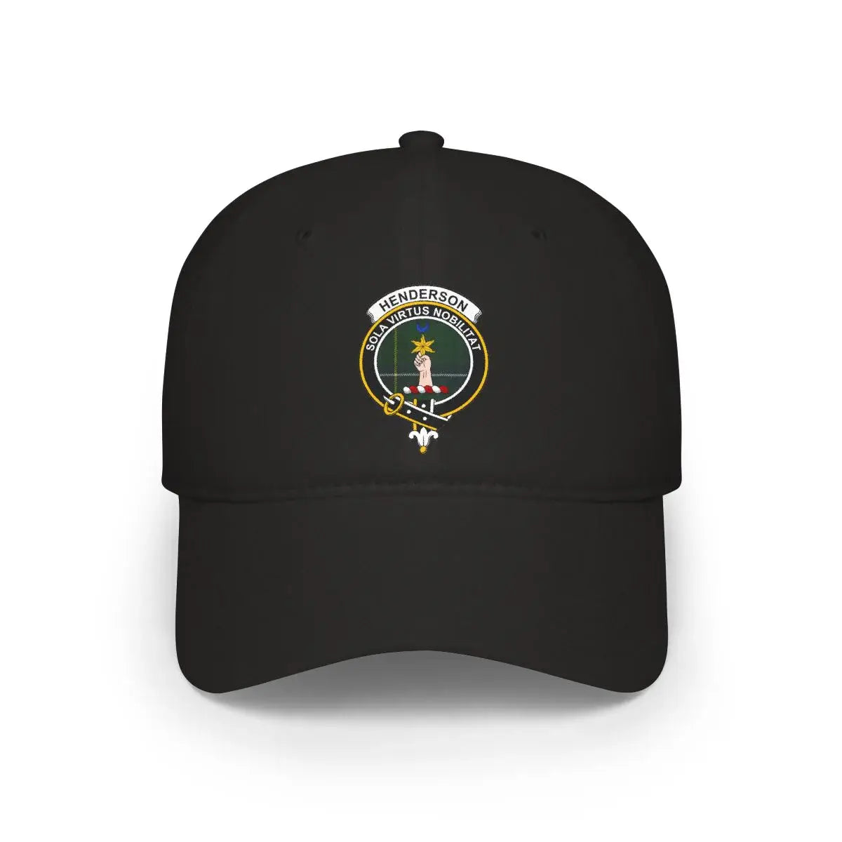 Henderson clan crest tartan cap in black — 100% cotton with Sola Virtus Nobilitat heraldic design