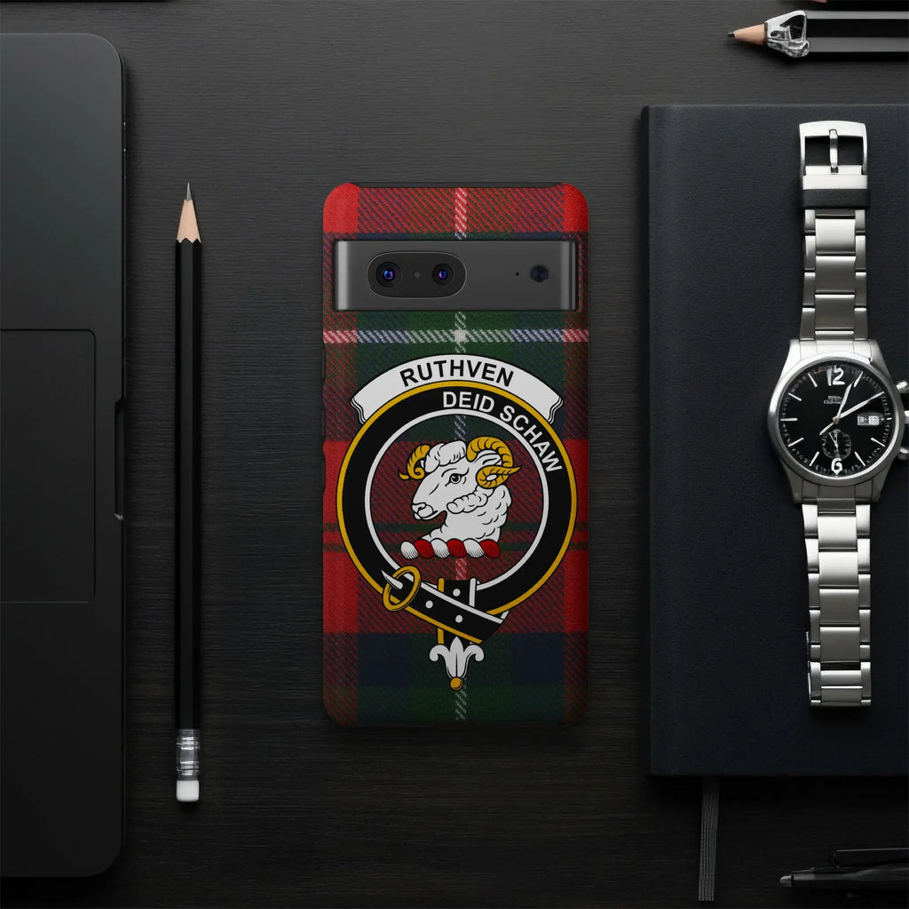 Ruthven clan emblem phone case — slim dual-layer profile, Google Pixel shown