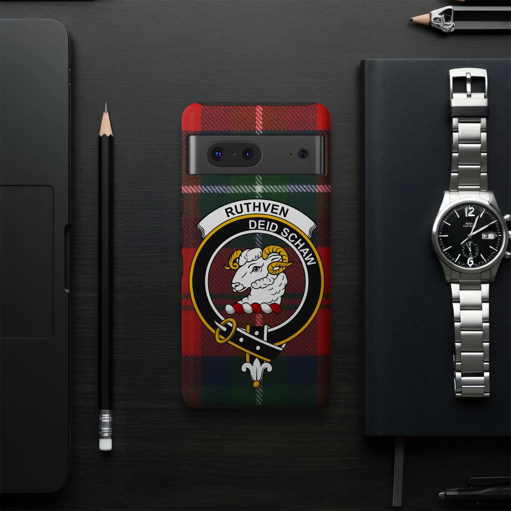 Ruthven clan emblem phone case — slim dual-layer profile, Google Pixel shown