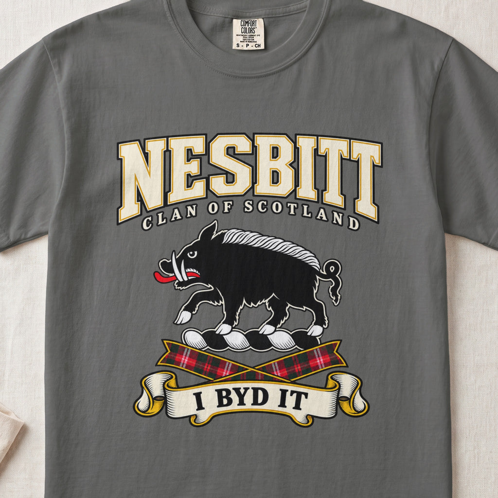 Nesbitt Scottish clan graphic T-shirt in Pepper, front view