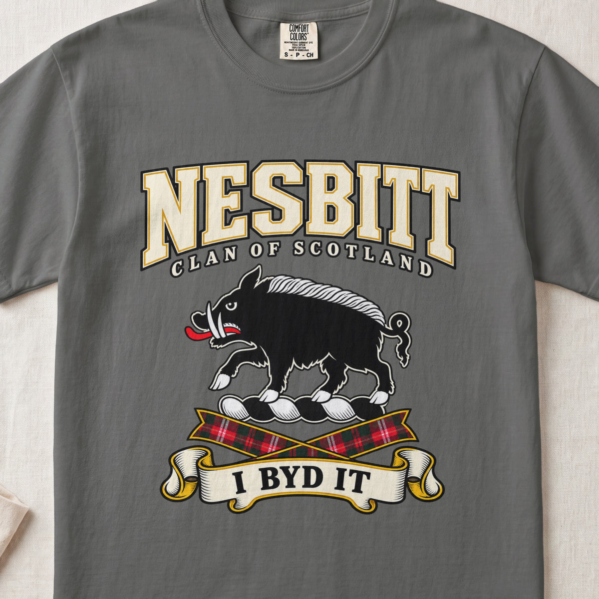 Nesbitt Scottish clan graphic T-shirt in Pepper, front view