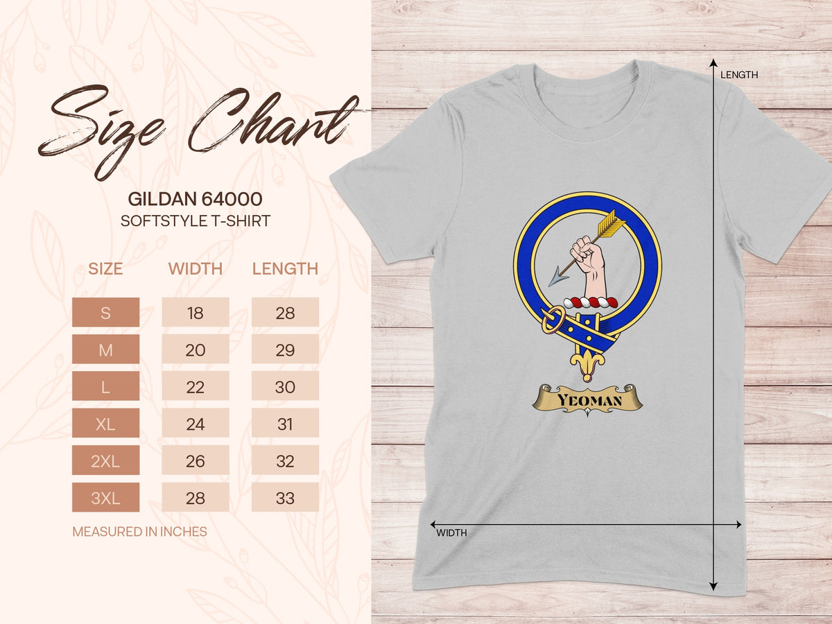 Gildan 64000 size chart for Yeoman Scottish clan crest T-shirt