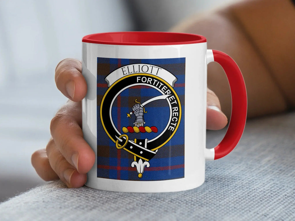 Elliott clan tartan mug with red handle — clan crest design on 15oz glossy white ceramic