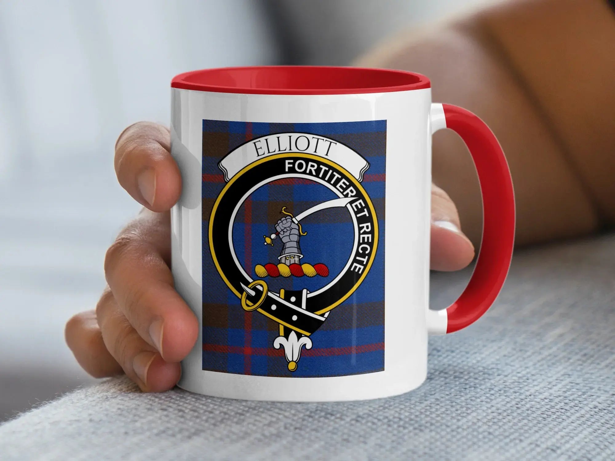 Elliott clan tartan mug with red handle — clan crest design on 15oz glossy white ceramic
