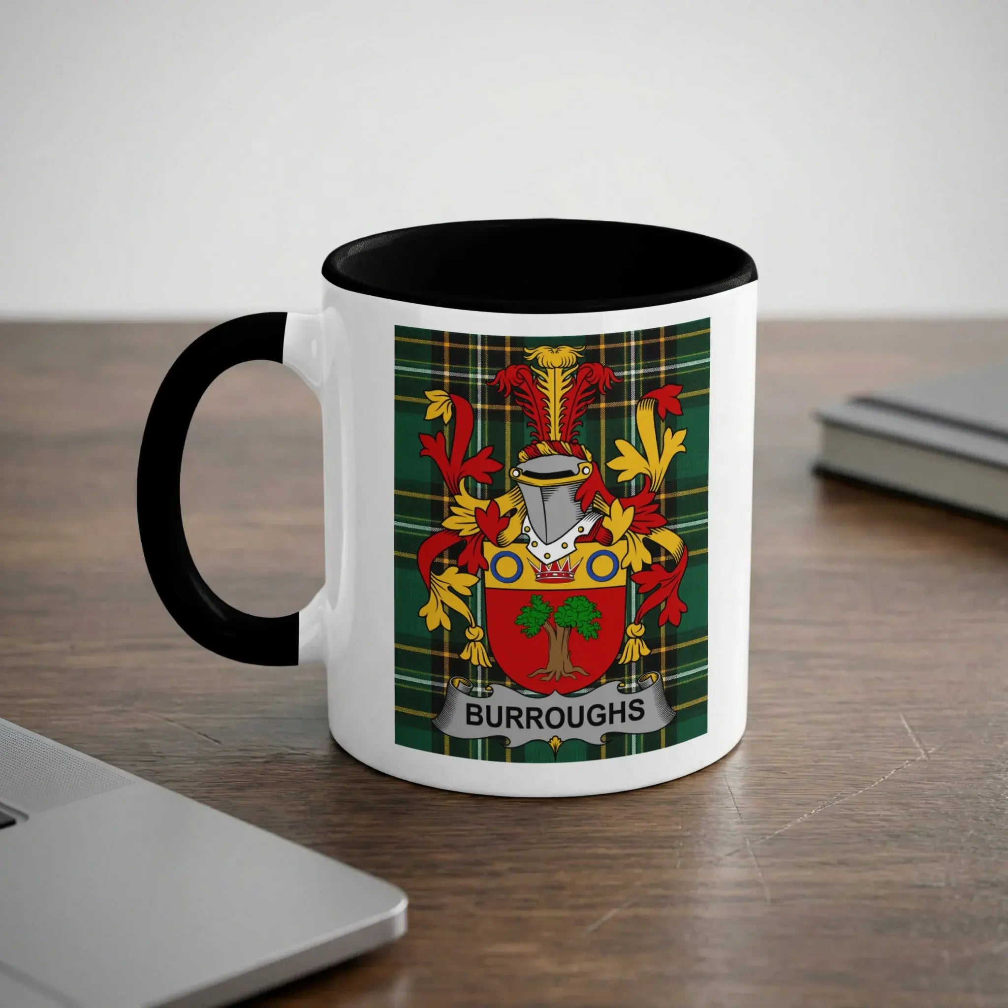 Burroughs coat of arms on a white mug with black handle and rim.