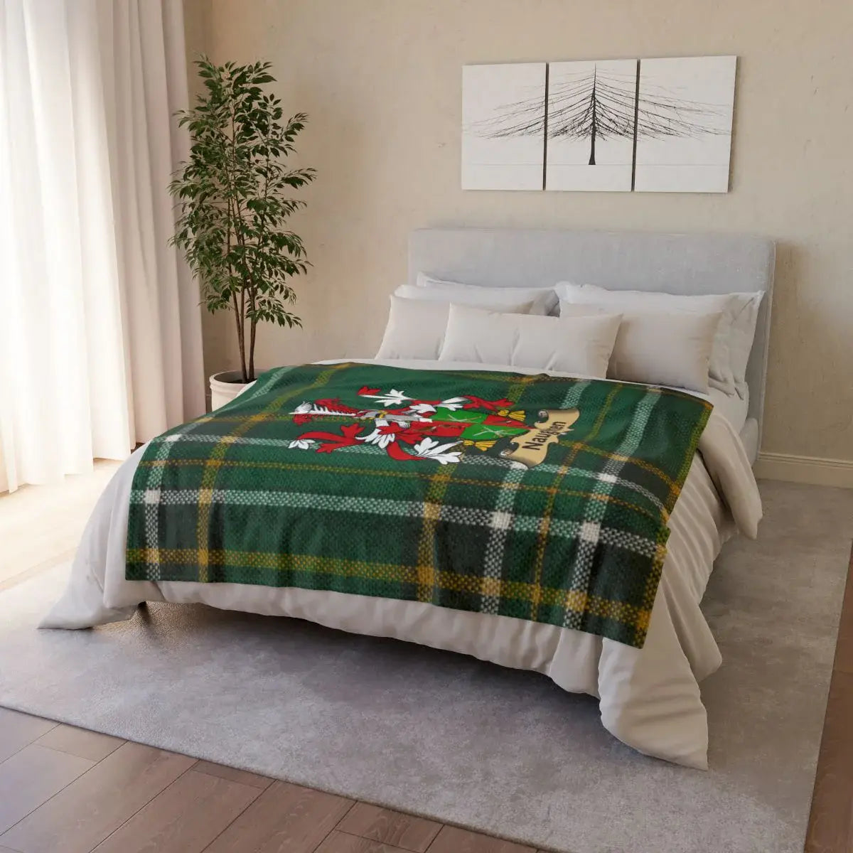 Green Plaid Pattern Blanket with Floral Design product