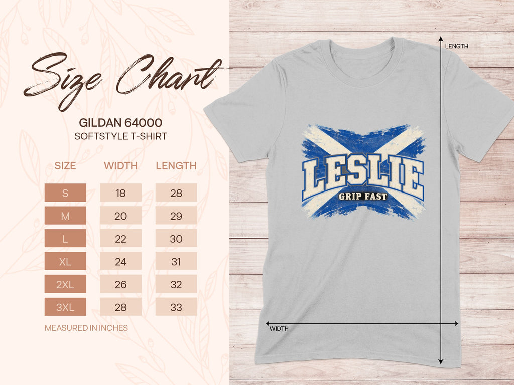 Gildan Softstyle 64000 size chart for the Leslie Saltire T-shirt, showing shirt width and length in inches.