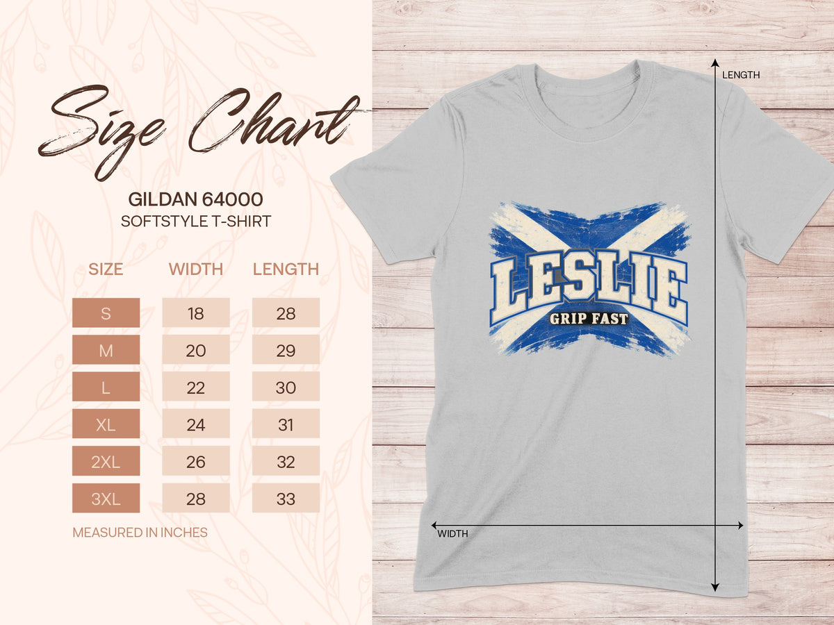 Gildan Softstyle 64000 size chart for the Leslie Saltire T-shirt, showing shirt width and length in inches.