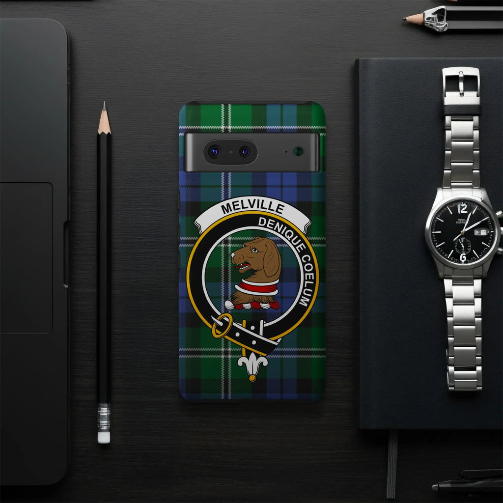 Clan Melville tartan case on iPhone — Denique Coelum crest wrap, precise port cutouts