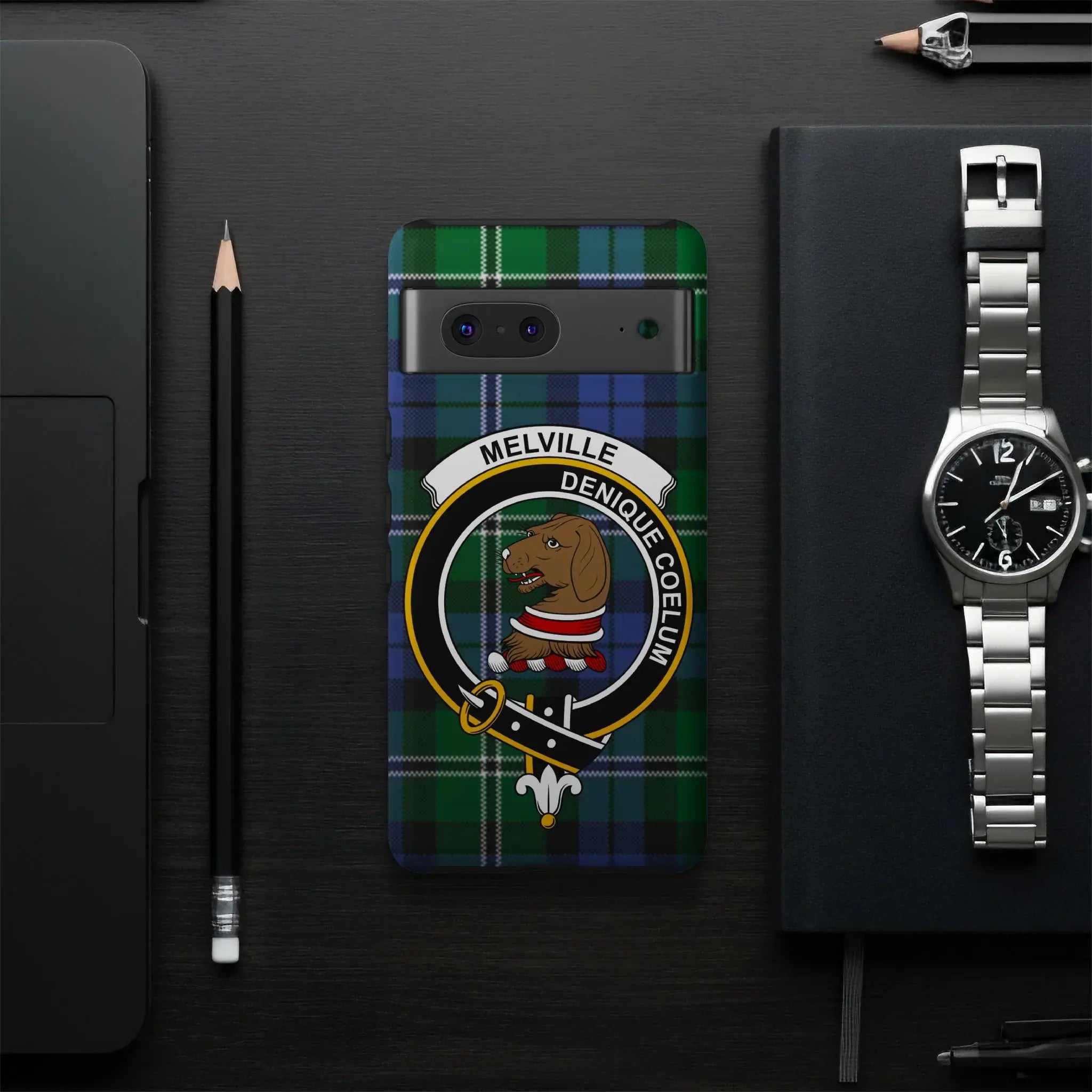 Clan Melville tartan case on iPhone — Denique Coelum crest wrap, precise port cutouts