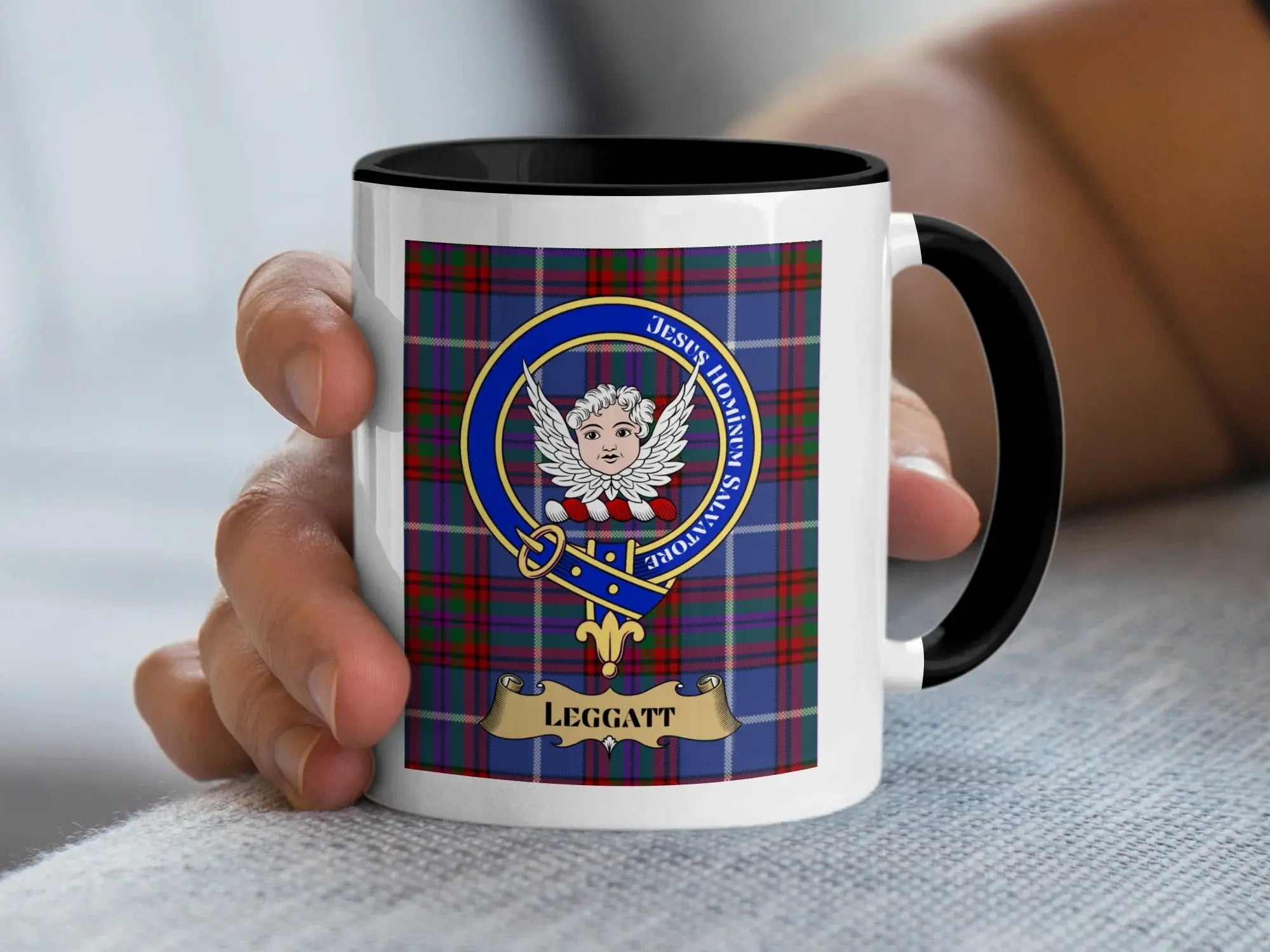 Leggatt tartan mug with a coloured accent handle and interior
