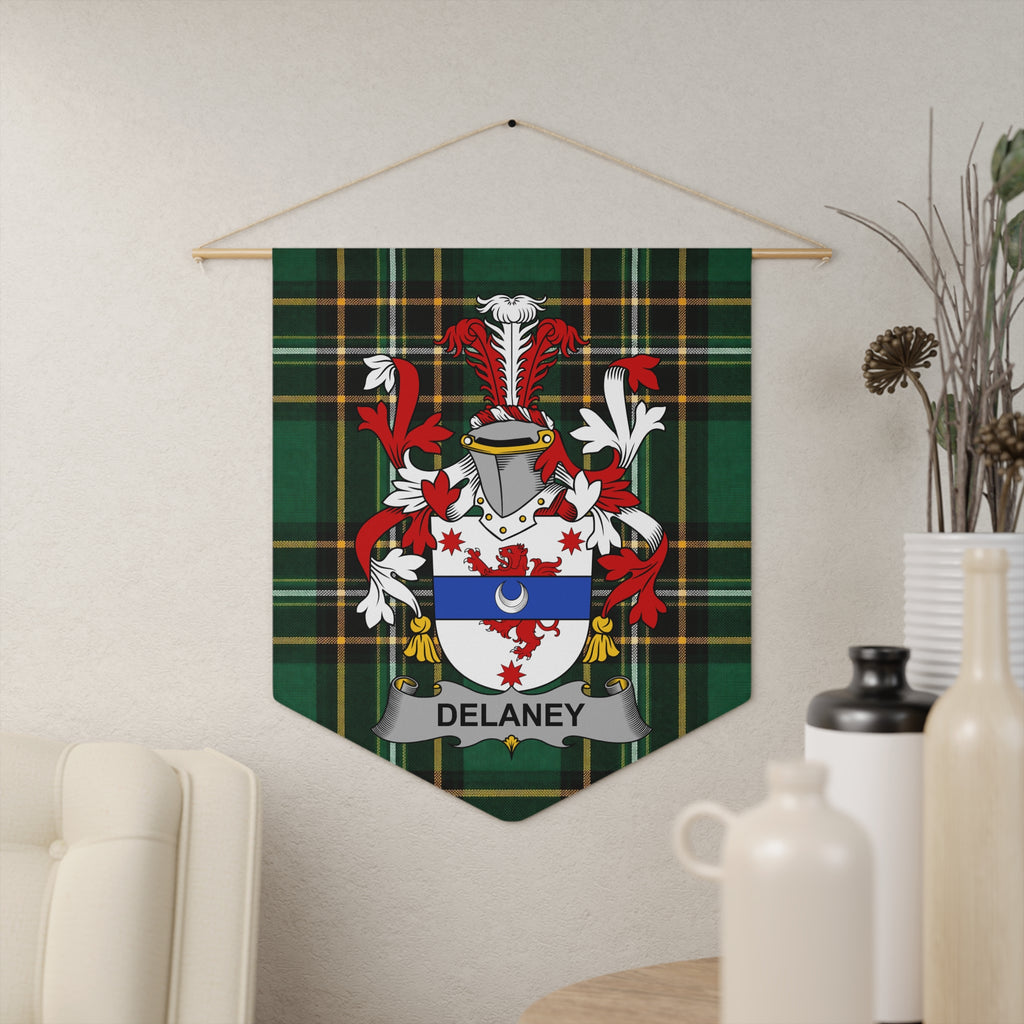 Delaney coat of arms displayed on a green tartan pennant banner.
