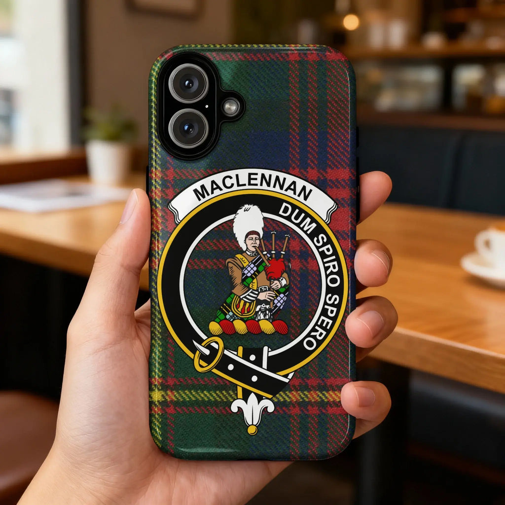 MacLennan Dum Spiro Spero tartan crest iPhone case — full 3D wrap Scottish heritage design