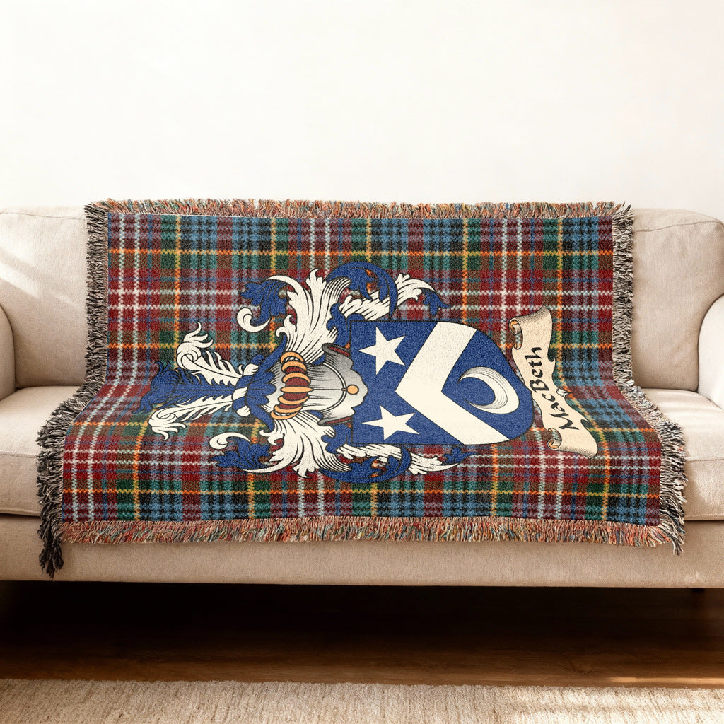 MacBeth Scottish woven blanket with family shield and Caledonia tartan background