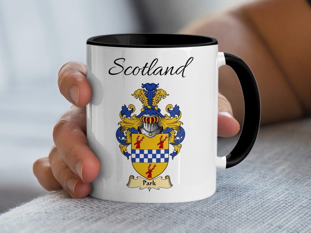Park Scottish family crest accent mug with Scotland above the coat of arms design