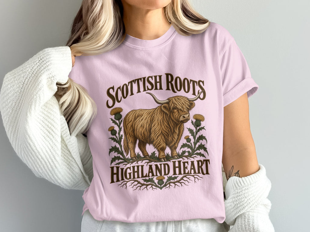 Model wearing the Scottish Roots, Highland Heart Highland cow Comfort Colors T-shirt in Blossom