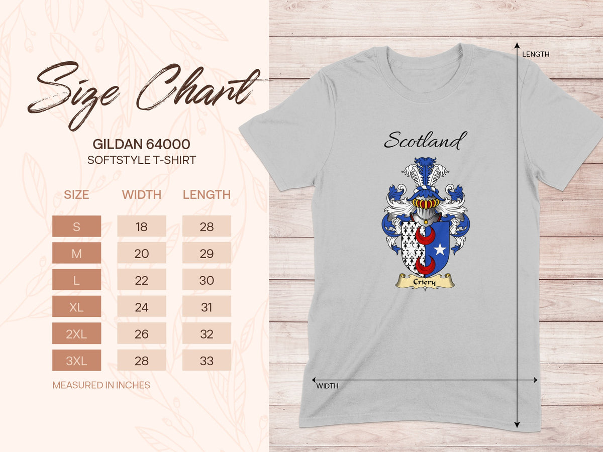 Gildan 64000 size chart for the Criery unisex T-shirt, sizes S to 3XL
