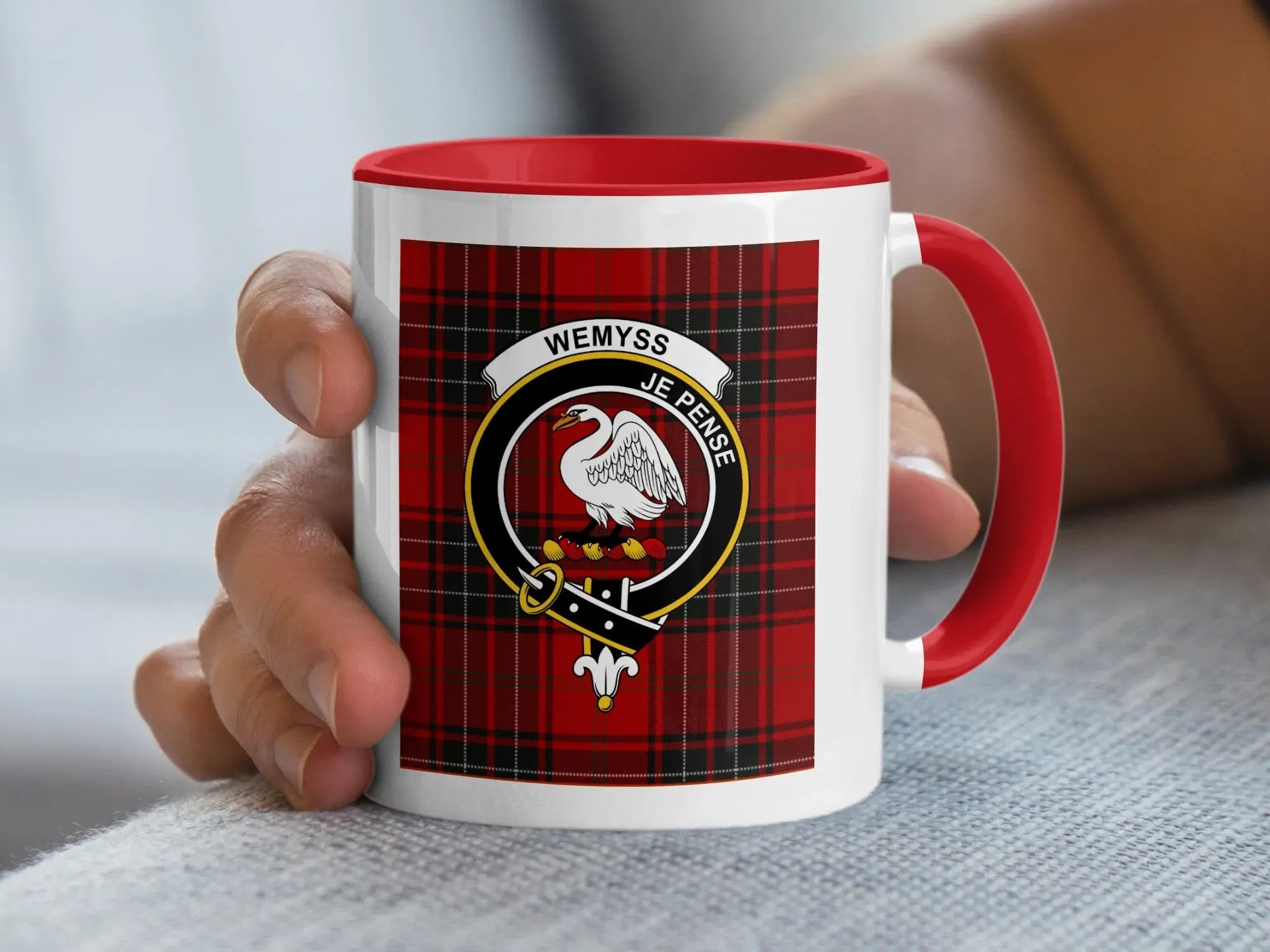 Wemyss je pense red plaid personalised coffee mug — 15oz ceramic