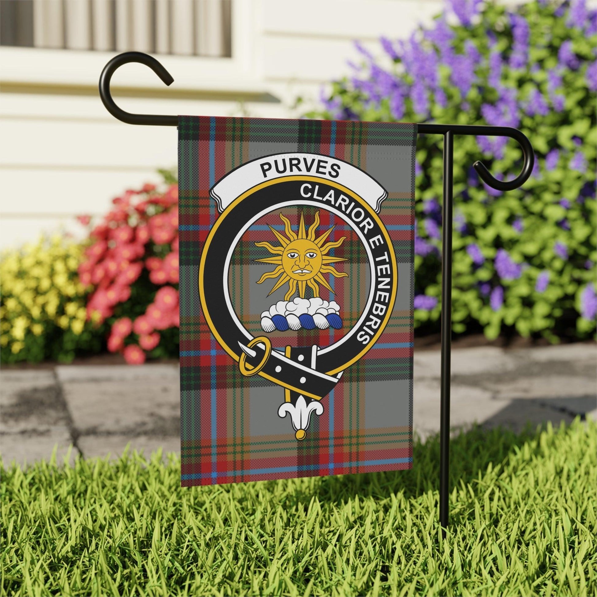 Purves Clan Scottish Tartan Crest Garden Flag - Celtic Ancestry Gifts