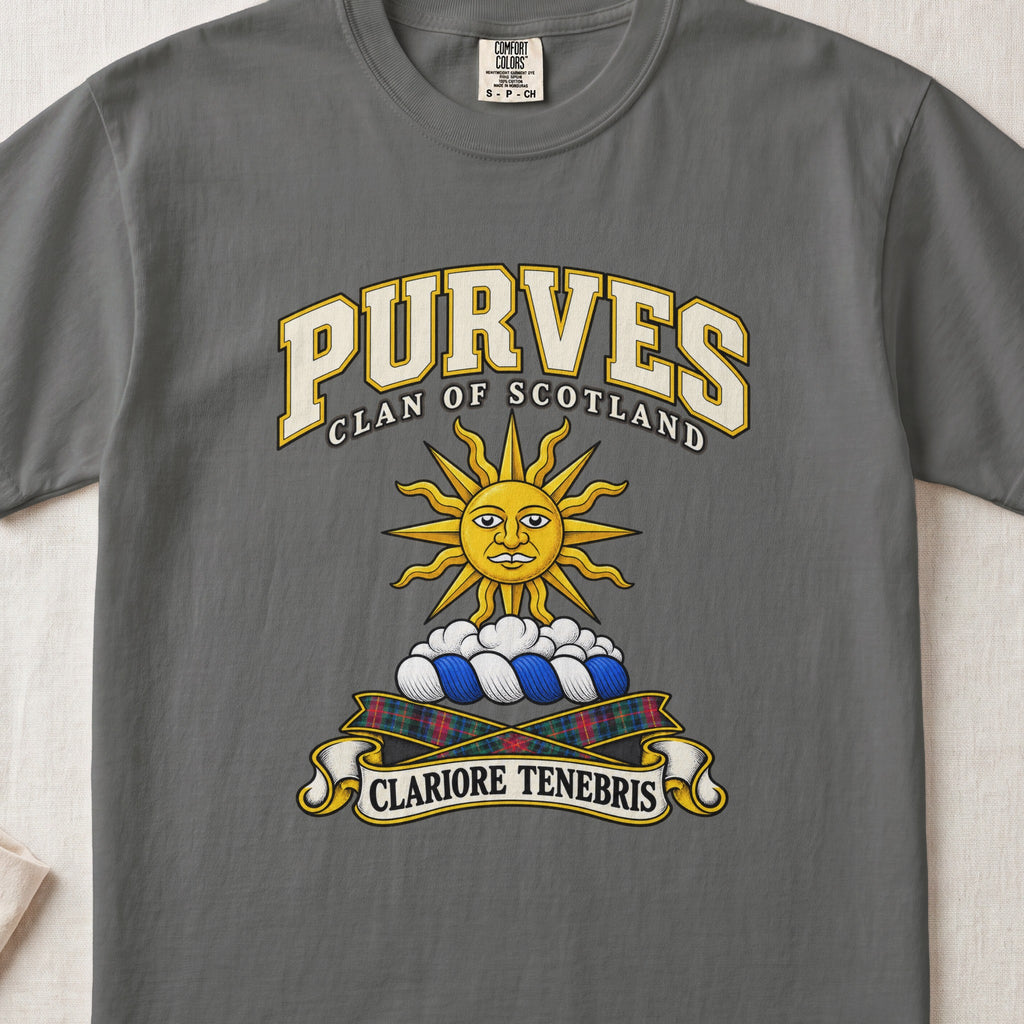 Purves Scottish clan T-shirt in Pepper, front view with a golden sun above clouds and motto design.