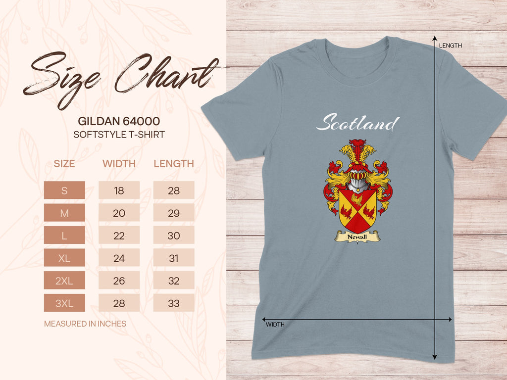 Gildan 64000 size chart for Newall Scottish family shield T-shirt